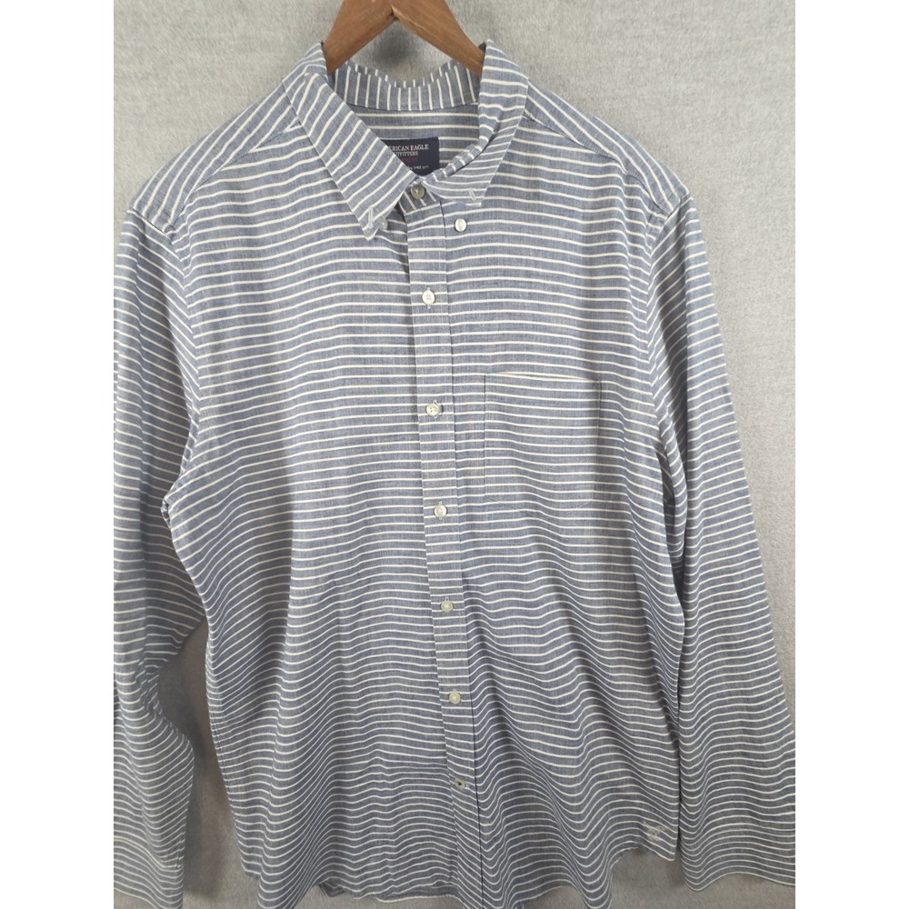 American Eagle Outfitters L Athletic Fit Shirt Blue Striped Oxford Button Up